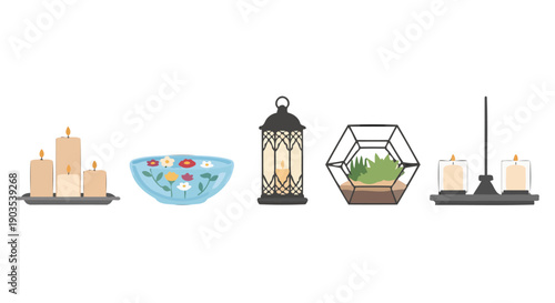 Relaxing home decor vector set lit pillar candles floating flower bowl ornate lantern terrarium and votive holders.