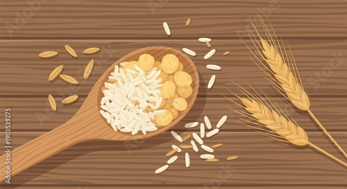Wooden spoon filled with rice and grains on a rustic wooden table
