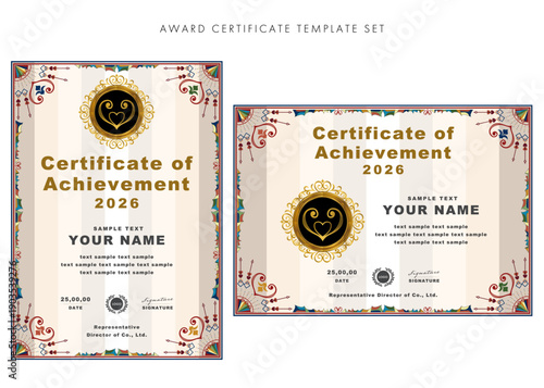 Colorful and Elegant Certificate of Achievement 2026 Template Set, Gold Emblem with Floral Ornaments / 2026年版 華やかな装飾と金のエンブレムの表彰状テンプレート 縦横セット 認定証 記念証
