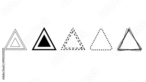Set of diverse geometric triangle icons with various outline filled dashed dotted and sketchy styles.