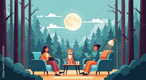 Two people and a dog relaxing in a forest setting under a full moon