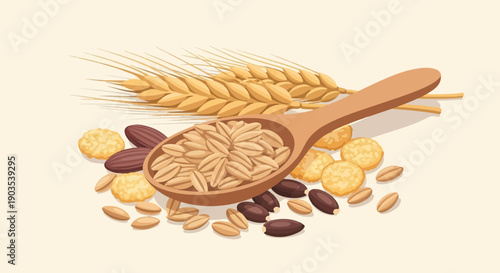 Wooden spoon of grains, almonds, and wheat stalks