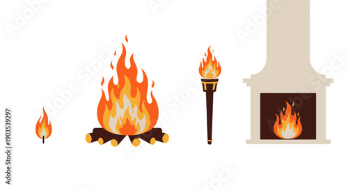 Set of stylized fire illustrations small flame bonfire torch and fireplace with vibrant orangeyellow hues.