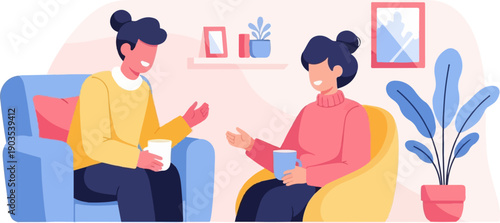 Two people are sitting in chairs, holding mugs, and talking