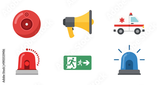 Vibrant flat design emergency icons fire alarm megaphone ambulance red and blue sirens exit sign.