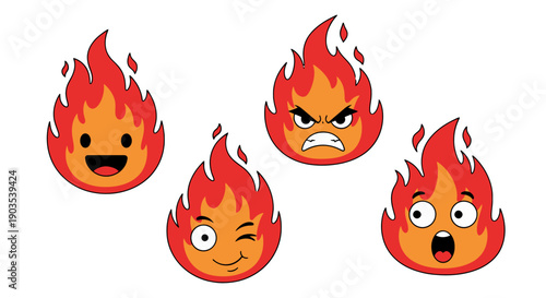 Vibrant cartoon fire emojis with happy angry winking and surprised expressions.