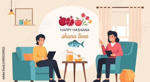 Two people celebrating Rosh Hashanah with apples, pomegranates, fish, and honey