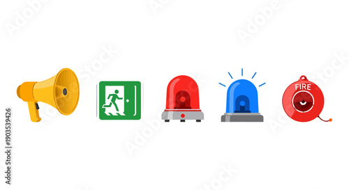 Vibrant emergency and safety icons set yellow megaphone green exit sign red and blue siren lights and a red fire alarm call point.