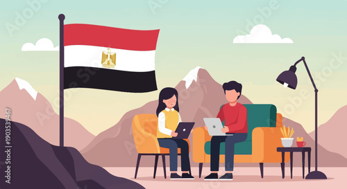Two people work remotely with laptops on comfortable seating outdoors under an Egyptian flag