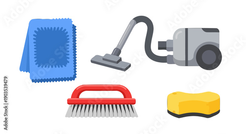 Vibrant flat style cleaning essentials blue cloth grey vacuum red brush yellow sponge illustration.
