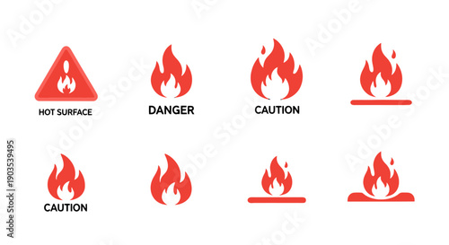 Vibrant red flat design fire and hot surface warning icons collection featuring various flame symbols and caution signs.