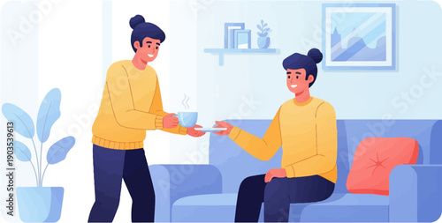 Two people in yellow sweaters sharing a warm beverage