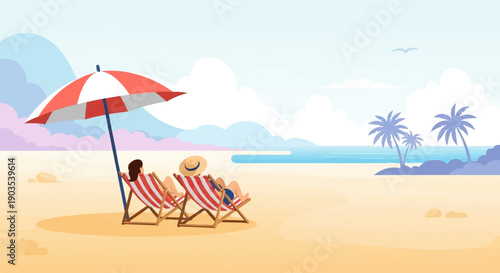 Two people lounge under a beach umbrella, gazing at the ocean with palm trees