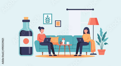 Two people on a sofa using laptops, with a cat, plants and a bottle