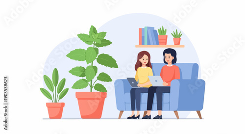 Two people on a couch with laptops and plants indoors