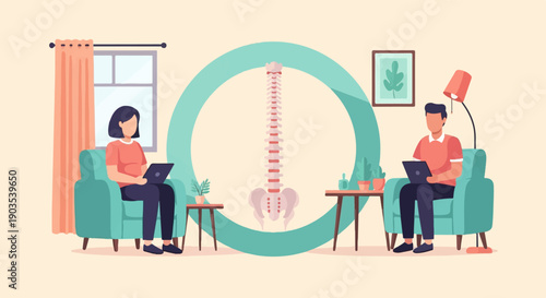 Two people on couches using laptops with spine illustration in center