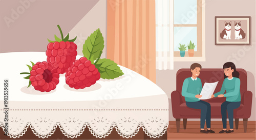 Two people on couch discuss papers near raspberries and dog portrait