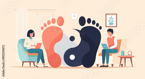 Two people on laptops sit in chairs next to large yin-yang foot shapes
