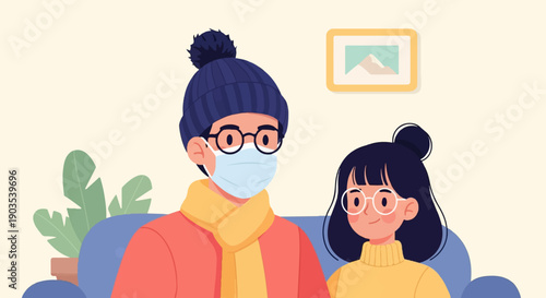 Two people, one masked, wear cozy winter attire while relaxing indoors on a sofa