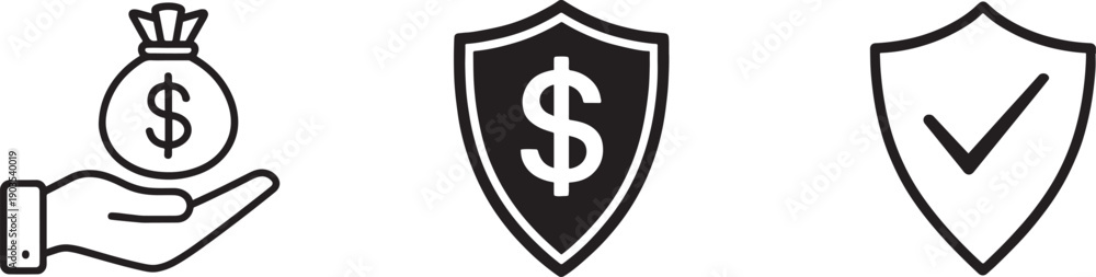 Fototapeta premium Financial security icon set with money bag in hand, dollar shield, checkmark shield.