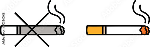 No smoking sign and lit cigarette with smoke in black and white line and color Keywords: smoking