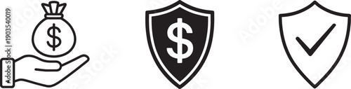 Financial security icon set with money bag in hand, dollar shield, checkmark shield.