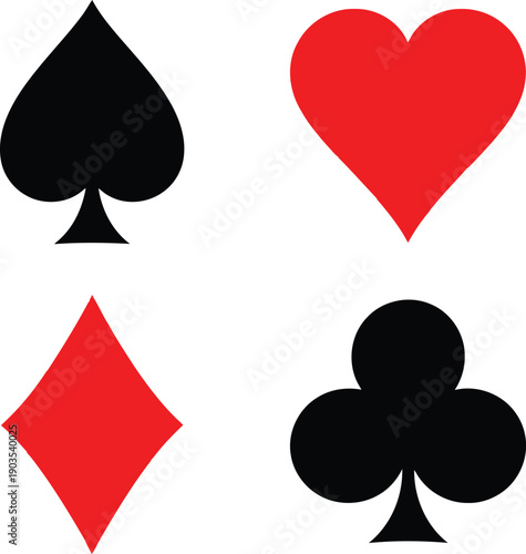 Four playing card suits including spade heart diamond and club symbols in red and black Keywords