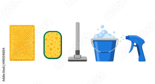 Assortment of colorful flat design cleaning tools textured mat porous sponge mop bubbly bucket spray bottle.