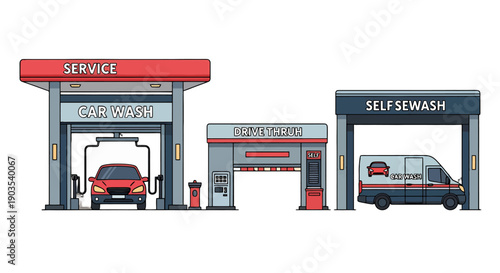 Cartoon set of car wash and drivethru service stations featuring a red car and a selfwash van.