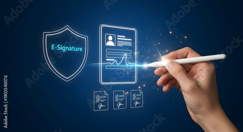 Digital Signature: A concept illustration showcases a person's hand using a stylus to create an e-signature on a digital document, with a security shield.