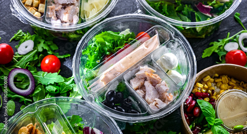 Fényképezés Round plastic boxes with pre-packaged vegetable salads