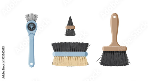 Collection of various cleaning and painting brushes with different bristles and handles.