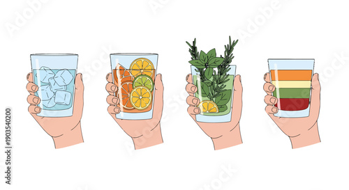Illustrative hands holding diverse refreshing drinks in clear glasses featuring ice citrus slices fresh herbs and vibrant layered liquids.