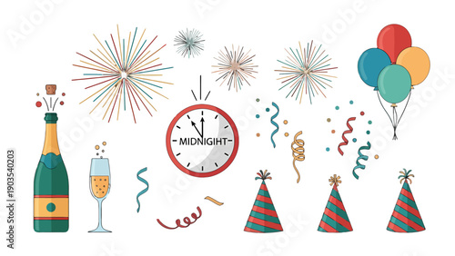 Festive New Years Eve party elements illustration featuring champagne bottle glass midnight clock fireworks balloons and striped hats.