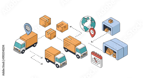 Isometric global logistics illustration with delivery trucks packages warehouses globe location and calendar icons.
