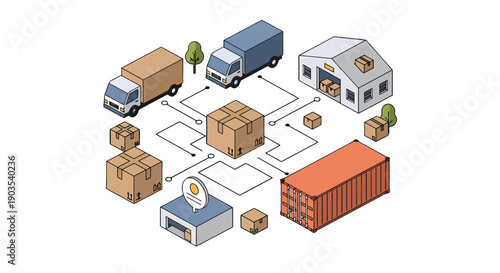 Isometric supply chain network illustration featuring delivery trucks warehouse shipping container and connected boxes.
