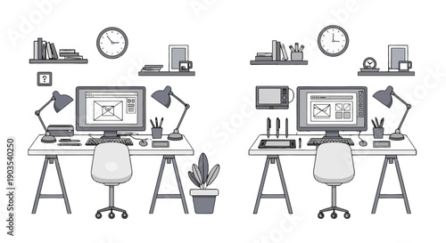 Monochrome HandDrawn Illustration of Modern Creative Office Desks with Computers and Design Tools.