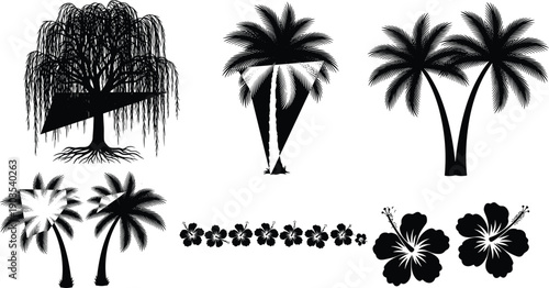 Black silhouette collection of tropical palm trees weeping willow and hibiscus flowers isolated on white background for summer vacation travel and exotic nature design