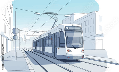 White modern tram on city tracks, buildings and poles