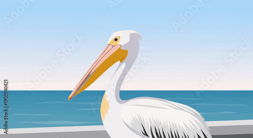 White pelican on pier with blue ocean and sky background