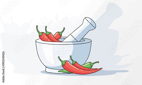 White mortar and pestle with red and green chili peppers