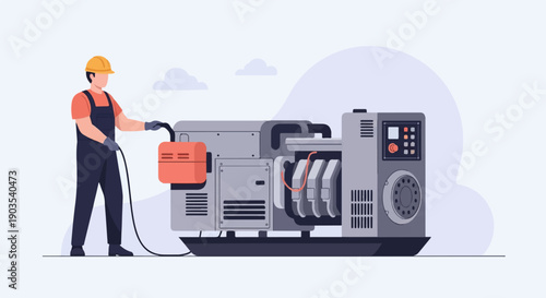 Worker in hard hat connects cable to industrial power generator