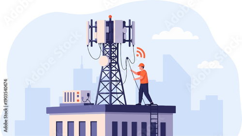 Worker adjusts antennas on cell tower atop building, with city skyline