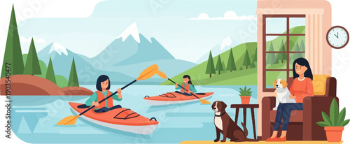 Two women kayak on a lake, while a woman relaxes indoors with two dogs
