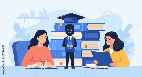 Two students study at tables near a robot and stack of books