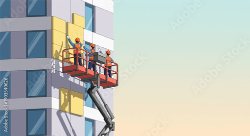 Workers in lift install panels on building facade