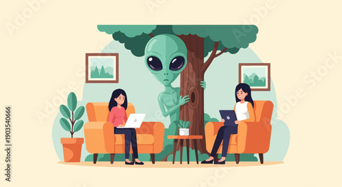 Two women on laptops, with an alien peeking behind a tree