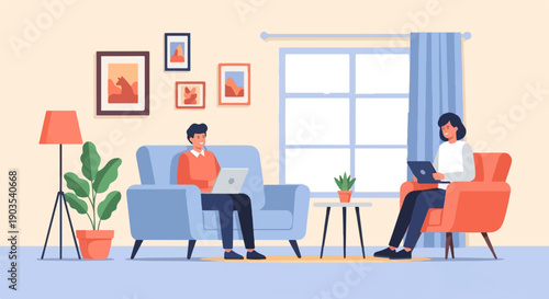 Two people working on laptops in a cozy living room (2)