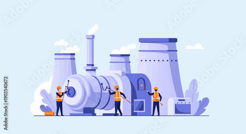 Workers in orange vests operate machinery at a large industrial facility