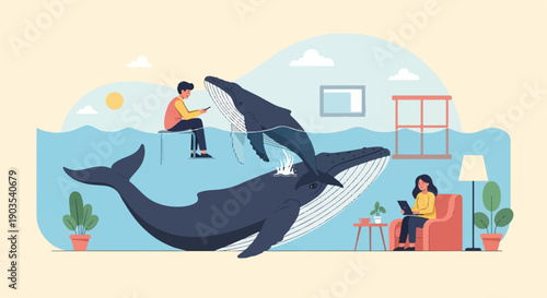 Whales in water with people inside a room and on a stool